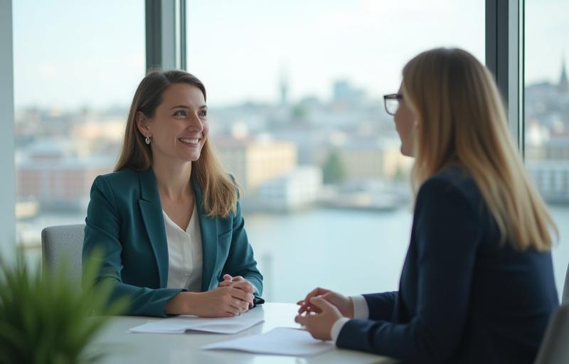Professional woman receiving career advice in a bright office overlooking Oslo